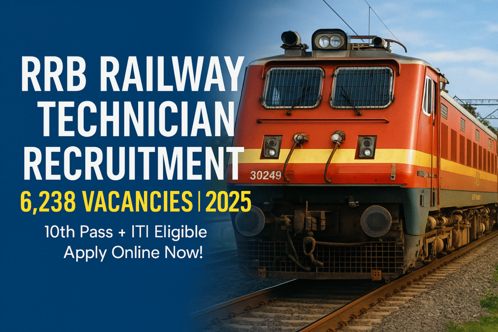 Indian Railways electric locomotive promoting RRB Railway Technician Recruitment 2025 with 6,238 vacancies for ITI and 10th pass candidates.