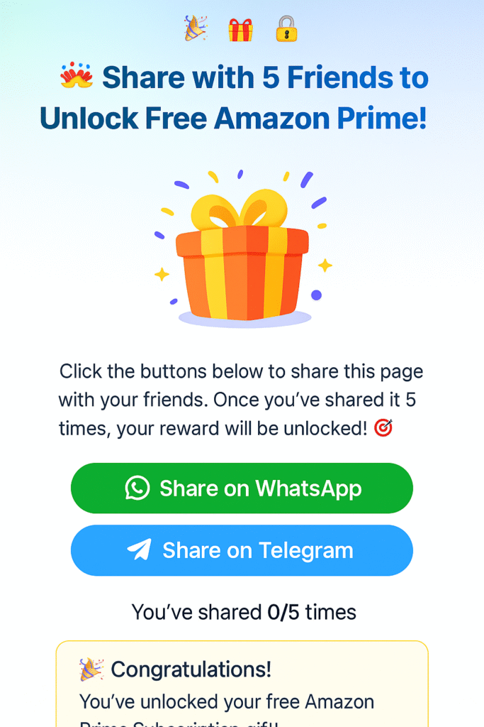 Share to Unlock Free Amazon Prime Subscription Gift Offer Page