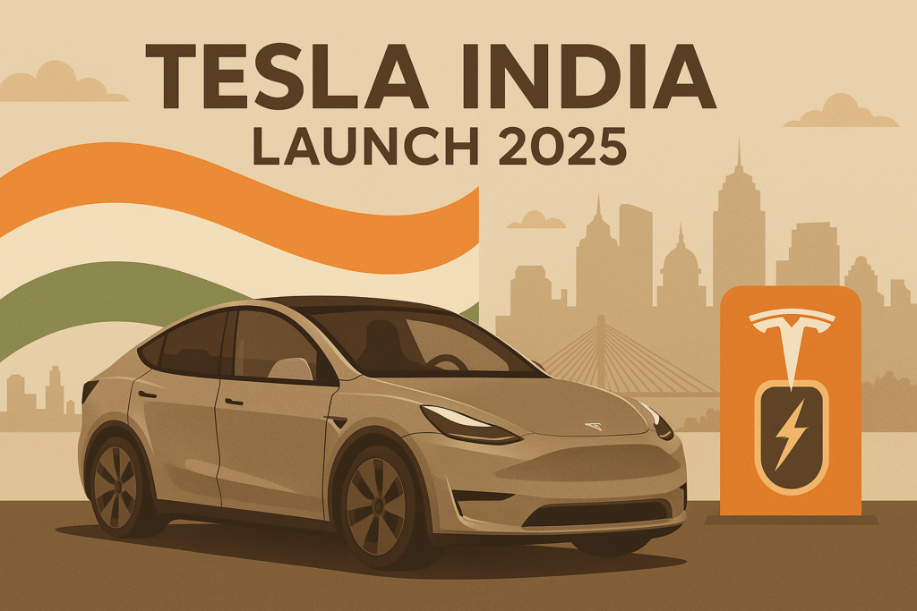 Tesla Model Y India launch 2025 with Supercharger in Mumbai and Indian flag background