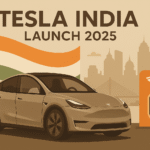 Tesla Model Y India launch 2025 with Supercharger in Mumbai and Indian flag background