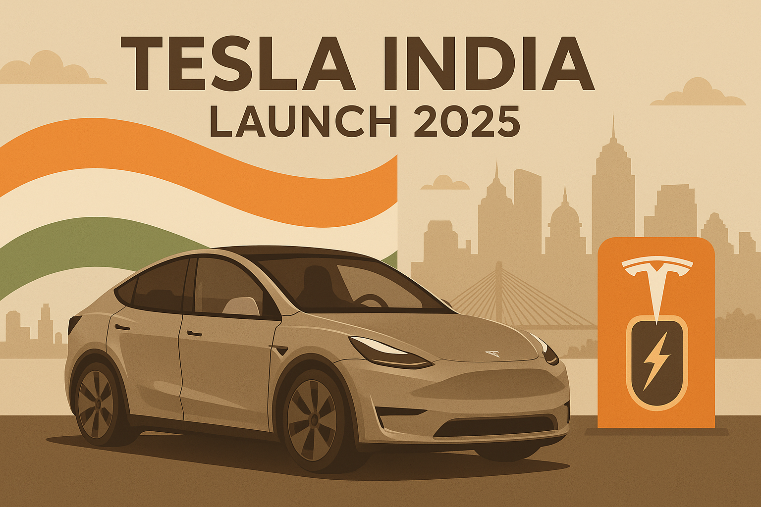 Tesla Model Y India launch 2025 with Supercharger in Mumbai and Indian flag background