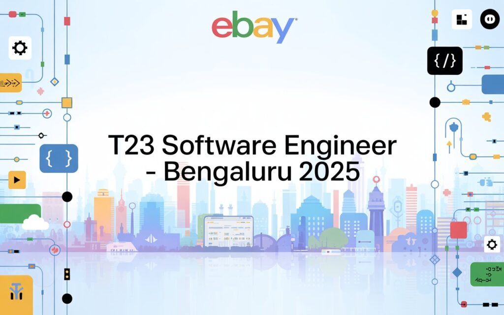 eBay T23 Software Engineer Bengaluru 2025 job post banner with Java symbols and cityscape background