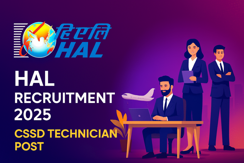 Beautiful digital illustration of Hindustan Aeronautics Limited recruitment with modern aircraft, blue sky, and professional theme HAL CSSD Technician Recruitment