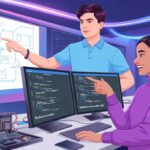 Two Indian software engineers collaborating at Qualcomm Associate Engineer Hyderabad office with embedded systems and modern tech setup.