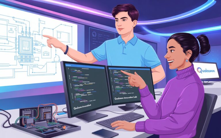 Two Indian software engineers collaborating at Qualcomm Associate Engineer Hyderabad office with embedded systems and modern tech setup.